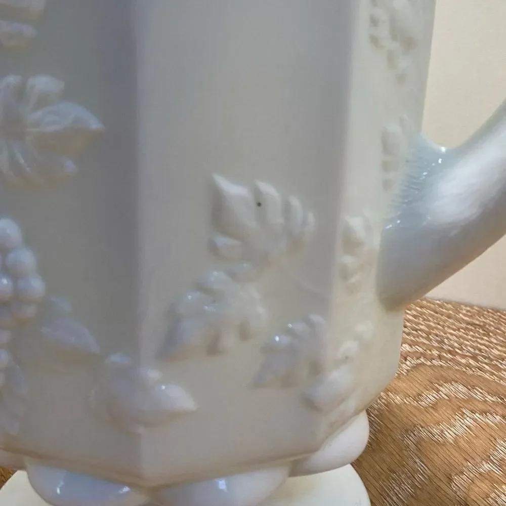 Vintage Pedestal Milk Glass Handled Pitcher 9” Tall Grapes & Leaves
